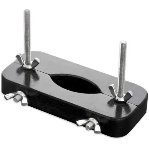 Black metal clamp with two wing nuts and screws, rectangular shape.
