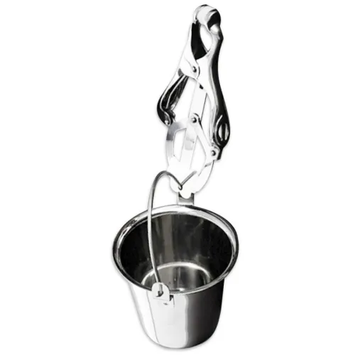 Metal bucket with handle, suspended from a pair of silver tongs.