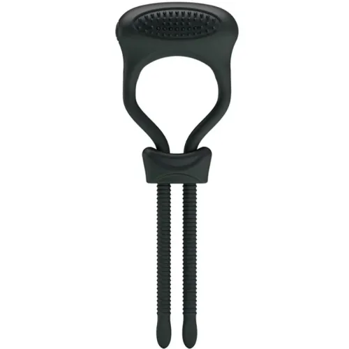 Black, flexible cable holder with two long, ribbed arms and an oval, textured top.
