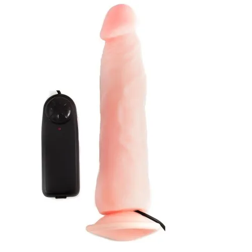 Penis-shaped sex toy with remote control on a white background.