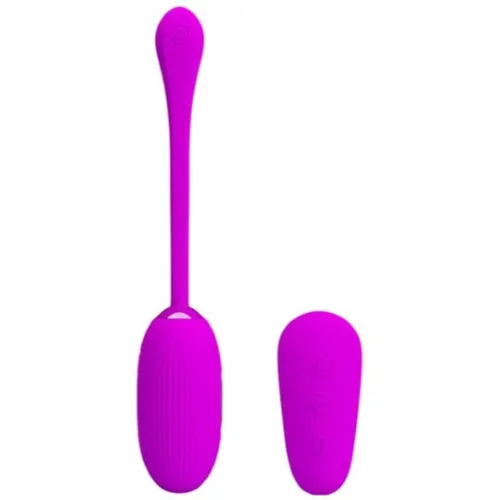 Purple vibrator with remote control, both with on/off button, on a white background.
