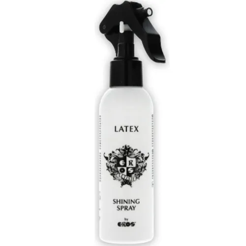 Weiße Sprühflasche mit schwarzem Sprühkopf, beschriftet mit "Latex Shining Spray by Eros".