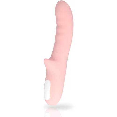 Rosa, gebogener Vibrator mit strukturiertem Schaft und weißem Bedienfeld.