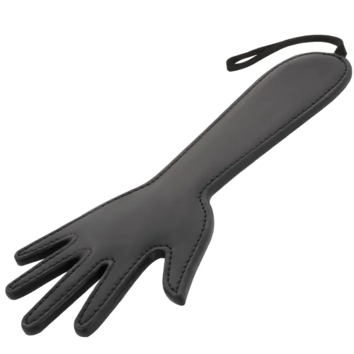 Schwarzer Lederpaddel in Form einer Hand mit Schlaufe am Griff.