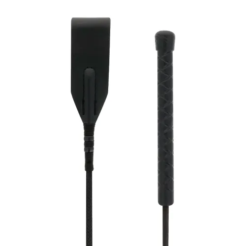 Black riding crop with braided handle and wide leather flap, on a white background.