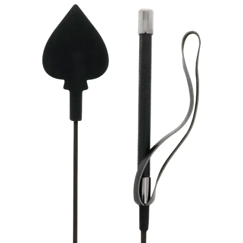 Black riding crop with heart-shaped end and hand loop, on a white background.