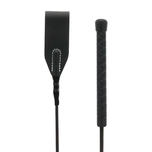 Two black riding whips, one with a wide flap, the other with a grooved handle, on a white background.