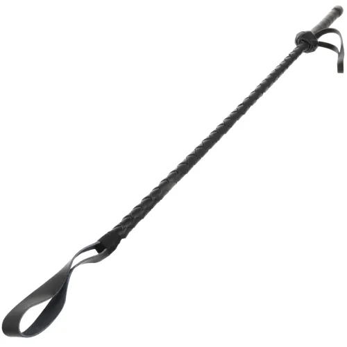 Black braided riding crop with hand strap and handle, on a white background.