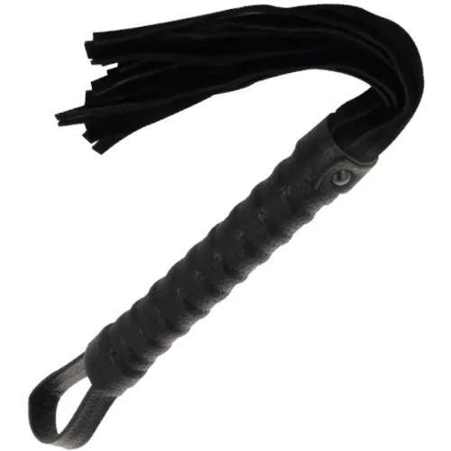 Black leather whip with braided handle and multiple straps.