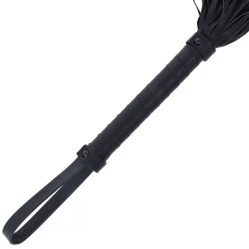 Black leather handle with loop, part of a whip or similar object.