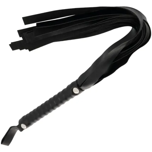 Black whip with multiple straps and a grooved handle, photographed from the side.