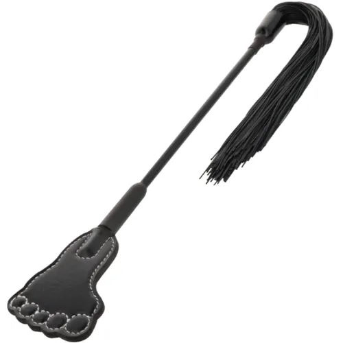 Black whip with a foot-shaped handle and fringes at the end.