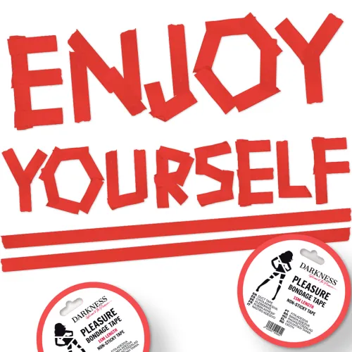 Red text "ENJOY YOURSELF" made of adhesive tape, with two rolls of bondage tape underneath.