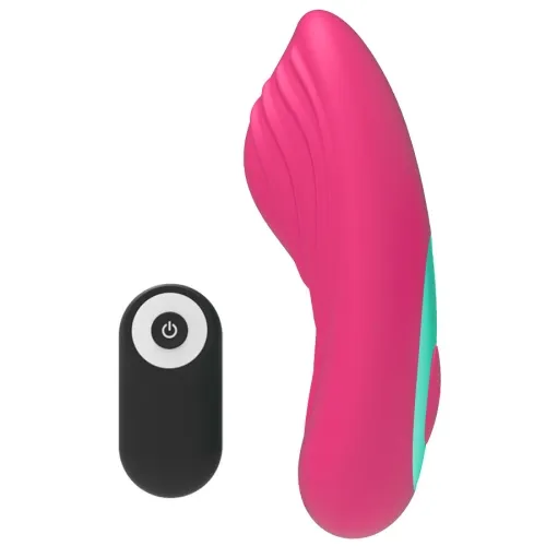 Pink vibrator with remote control, side view.