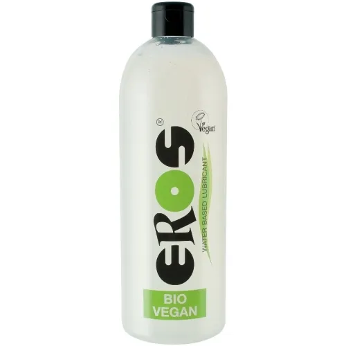 Bottle containing Eros Bio Vegan water-based lubricant, 1000 ml, black cap.