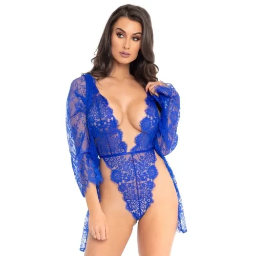 Woman in blue lace underwear with a deep neckline and long sleeves.