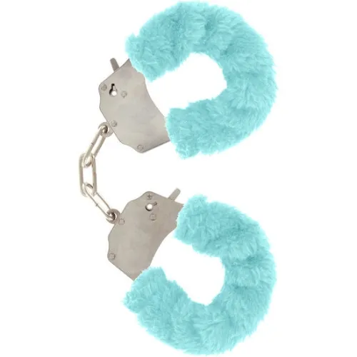 Plush handcuffs with light blue fur covering and silver chain.