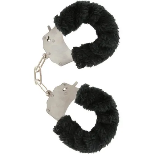 Silver handcuffs with a black plush cover.