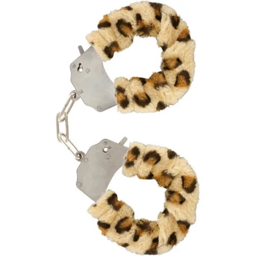 Handcuffs with leopard-pattern fur covering, silver chain connection.