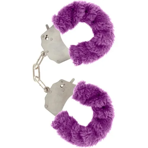 Purple plush handcuffs with metal chain, open and on a white background.