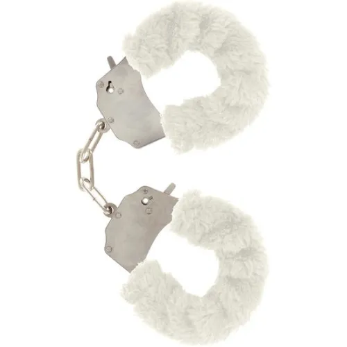 Silver handcuffs with a white plush covering, connected by a short chain.