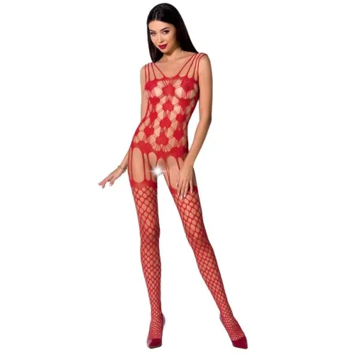 Frau in rotem Netz-Body mit geometrischem Muster und roten High Heels.