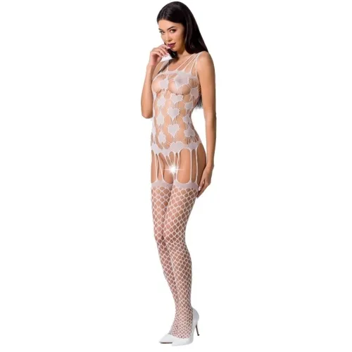 Woman in a white mesh bodysuit with tights and white high heels against a white background.