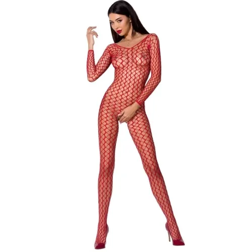 Woman in a red mesh bodysuit with long sleeves and red high heels against a white background.