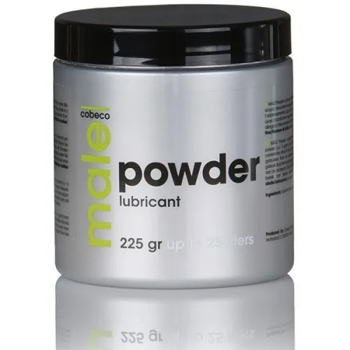 Silberne Dose mit schwarzem Deckel, Aufschrift: "Male Powder Lubricant, 225 gr bis zu 25 Liter".