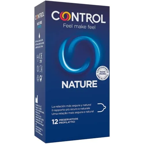 Pack of Control Nature condoms, 12 pieces, blue packaging with logo and text in several languages.