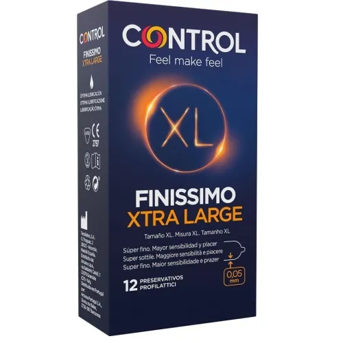 Verpackung von Control Finissimo Xtra Large Kondome, 12 Stück, 0,05 mm dünn, dunkelblaues Design mit XL-Logo.