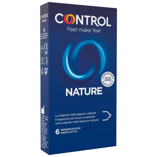 Pack of Control Nature condoms, blue design, 6 pieces, with slogan "Feel make feel" and symbols for comfort.