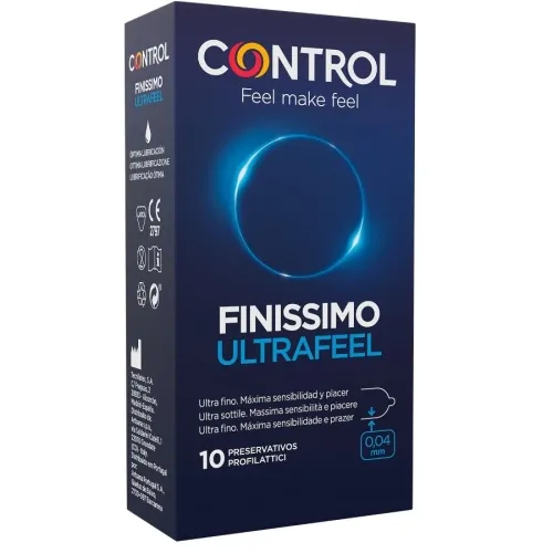 Verpackung von Control Finissimo Ultrafeel Kondome, 10 Stück, 0,04 mm dünn, für maximale Sensibilität und Komfort.