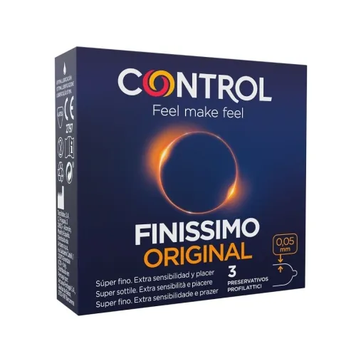 Packaging of Control Finissimo Original condoms, 3 pieces, 0.05 mm thin, dark blue design with a luminous circle.