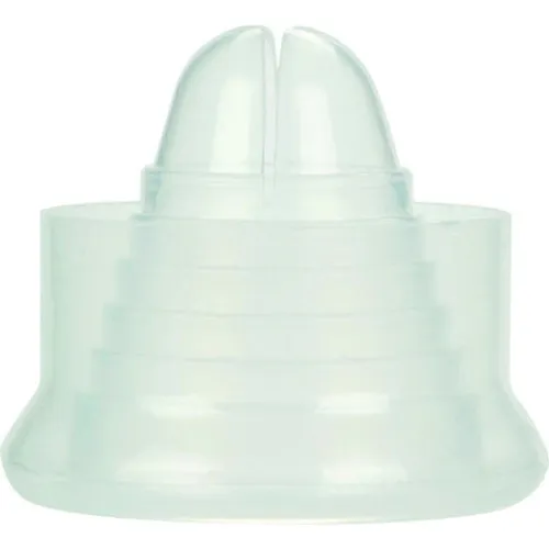Transparent plastic attachment with two rounded tips, presumably for a device or bottle.