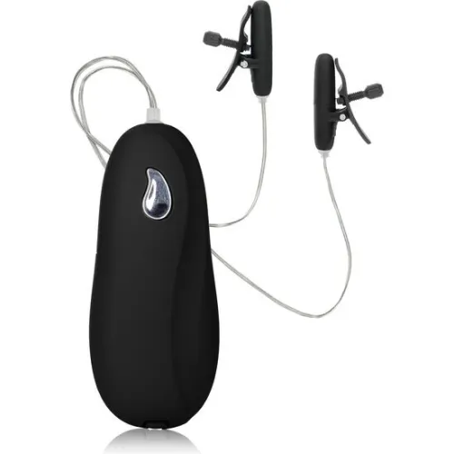 Black device with two clamps and cables, possibly an electronic accessory or gadget.