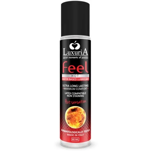 Black bottle of LuxuriA Feel Hot water-based lubricant, 60 ml, with red and white text, fiery design.