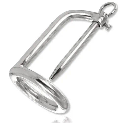 Metallisches U-förmiges Gerät mit Ring und Schraube, glänzend und silbern.