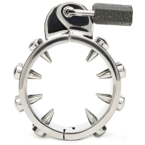 Metal ring with pointed rivets and a padlock.