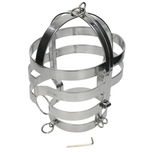 Metal cage with rings and wrench on a white background.