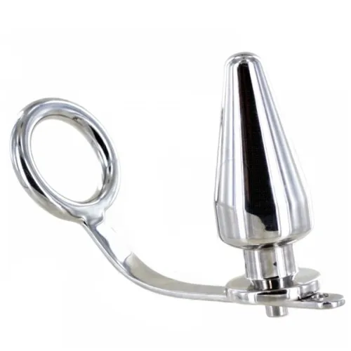 Metallischer Plug mit Ringgriff, glänzend und konisch geformt, auf weißem Hintergrund.