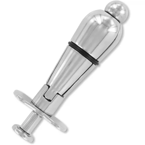 Metallic anal plug with black rubber ring and handle, on a white background.