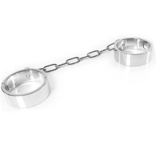 Silver handcuffs with chain on a white background.