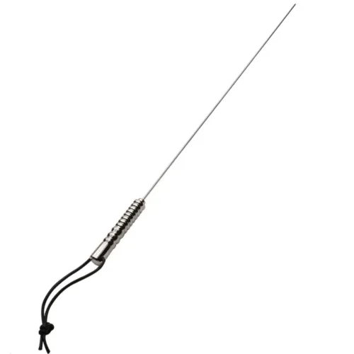 Long metal skewer with a ribbed handle and a black loop at the end.