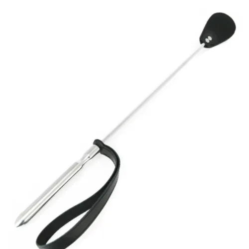Riding crop with black handle and wrist strap, silver shaft, black end.