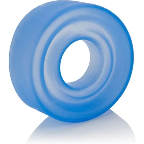 Blue, transparent rubber ring with a hole in the middle, on a white background.
