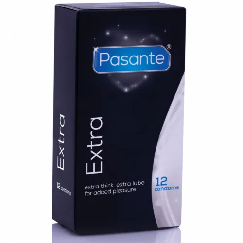 Black packaging of Pasante Extra condoms, 12 pieces, extra thick and extra lubricant.