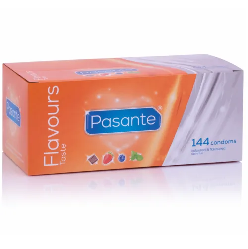 Orange Schachtel mit 144 Pasante Flavours Kondomen, Geschmacksrichtungen: Schokolade, Erdbeere, Minze.