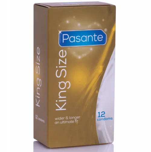 Goldene Verpackung von Pasante King Size Kondomen, 12 Stück, mit blauem Logo und weißem Text.