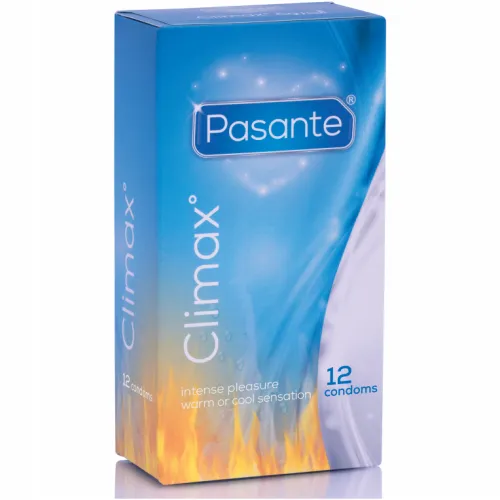 Blaue Verpackung von Pasante Climax Kondomen, 12 Stück, mit Flammenmotiv und Text "intense pleasure, warm or cool sensation".